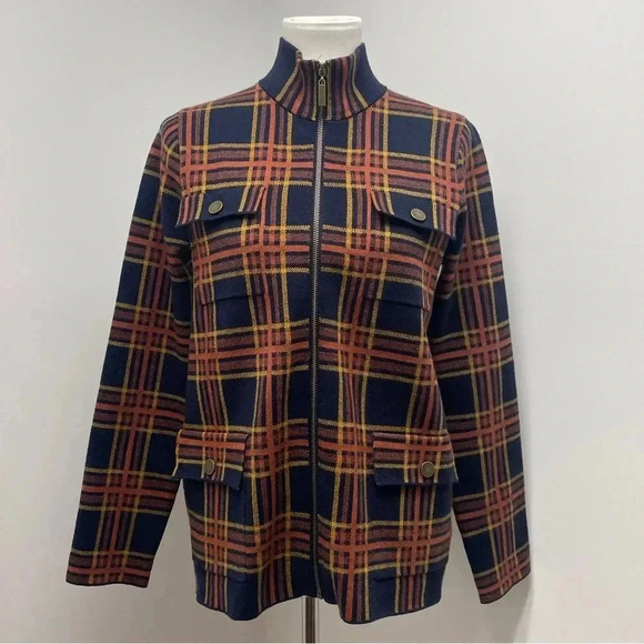 Rachel Zoe Plaid Zip Sweater Cardigan Jacket Knit Shacket. Orange & Navy. Medium - Picture 8 of 16